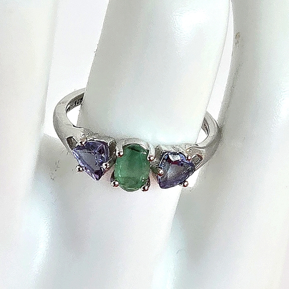 925 Sterling Silver Ring Sz 6.5 with Natural Emerald & Tanzanite. - Picture 8 of 10